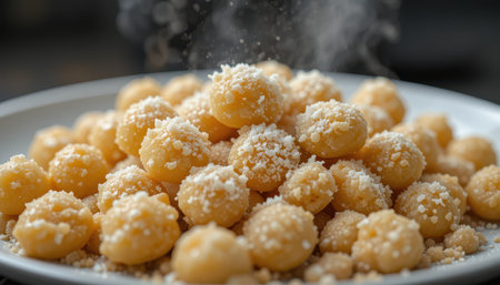 High angle view of a heap of light golden gnocchi covered in a sprinkling of grated cheese, with steam rising from the dish.の素材