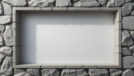 A blank white rectangular panel is framed by gray stones in a rough stone wall.の素材