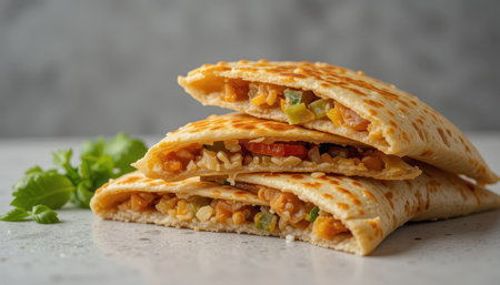Close-up view of three pieces of a savory quesadilla, stacked on a light-colored surface, showing various fillings inside.  Fresh herbs are displayed next to the food.の素材