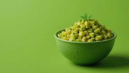 Vibrant green bowl filled with small, light-colored vegetable pieces, sitting against a bold lime green background. A sprig of greenery sits atop the pile.の素材