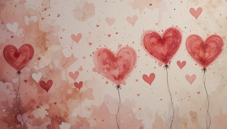 The image is a watercolor painting of several heart-shaped balloons floating against a textured background, creating a romantic and sweet visual.の素材