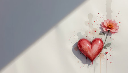A watercolor painting depicts a red heart and a pink flower, symbolizing love and affection.の素材