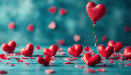 A single red heart shaped balloon floats above several other hearts scattered on a teal surface, creating a romantic and whimsical scene.の素材