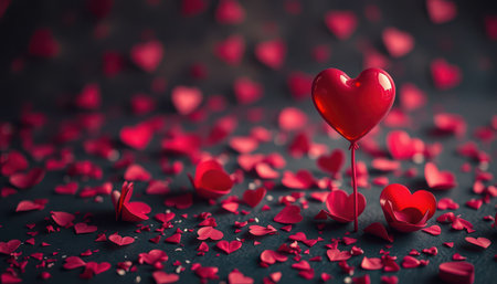 A single red heart-shaped balloon stands amidst many scattered red heart-shaped petals on a dark surface.の素材