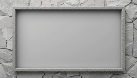 A blank rectangular stone frame is set against a backdrop of a cracked stone wall providing a clean and minimalist background.の素材