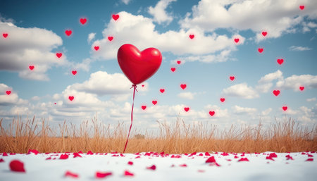 A red heart-shaped balloon floats in a sky filled with smaller hearts above a field of golden grass and scattered rose petals.の素材