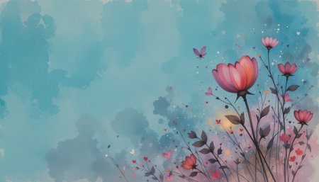 A watercolor painting depicting pink flowers and butterflies against a soft blue sky background.の素材