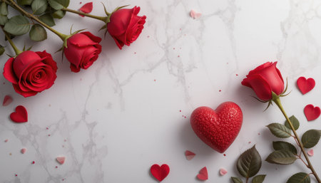 A marble surface adorned with red roses, a textured heart, and small heart-shaped decorations, creating a romantic Valentine's Day setting.の素材