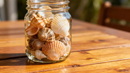 Clear glass mason jar, filled with a variety of seashells of different shapes and colors, is positioned on a light brown wooden table.  The image focuses on the jar and its contents, with a shallow depth of field emphasizing the shells in the foreground. The natural light suggests a sunny outdoor setting.の写真素材
