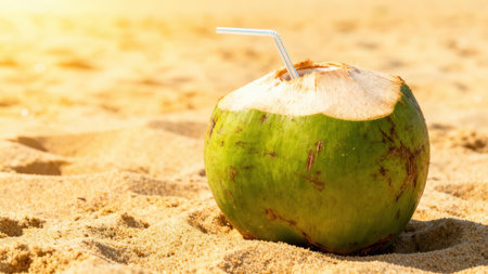 Freshly opened coconut with a straw placed on a sandy beach, showcasing the essence of a relaxing...