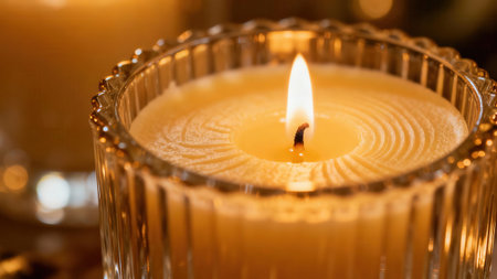 Detailed close-up image focuses on a single, burning candle housed within a decorative, clear glass container. The candle's warm yellow-orange hue and flickering flame create a cozy atmosphere, while the ribbed glass adds visual interest. Soft lighting and a shallow depth of field emphasize the candle's details.の写真素材