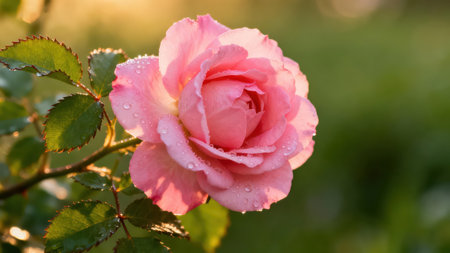 View of a beautiful pink rose, exhibiting intricate details of its petals and water droplets, which are illuminated by the golden light of the morning sun.の写真素材