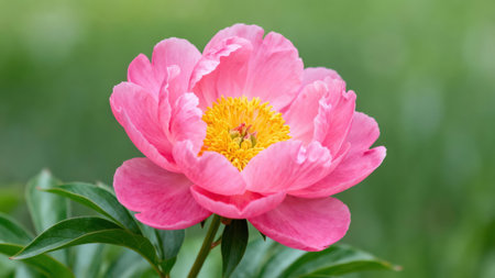 View of a single, stunning pink peony, displaying its intricate structure and vivid color against a soft green backdrop.の写真素材