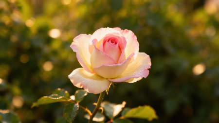 Stunning  of a single rose in a garden setting, featuring a pale pink and cream blossom with water droplets glistening in the soft morning light.の写真素材