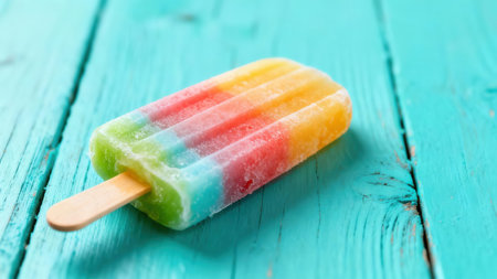 Multi-colored popsicle with a wooden stick is situated on a teal wooden plank surface. The popsicle displays a spectrum of vibrant colors, creating a visually appealing display of a summer delight.の写真素材