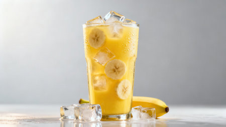 Tall glass of bright yellow banana smoothie is filled with ice cubes and banana slices.  The glass is placed on a light surface, alongside a whole banana.の写真素材