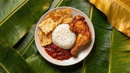 High-angle,  view of a plate containing a portion of cooked white rice, a fried chicken leg, and a serving of red sambal sauce, all presented on a light-colored plate that is set atop a textured...の写真素材