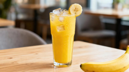 Vibrant yellow banana smoothie in a tall glass, complete with ice cubes and a banana slice, is featured on a light wooden table. The background is a softly blurred cafe setting.の写真素材