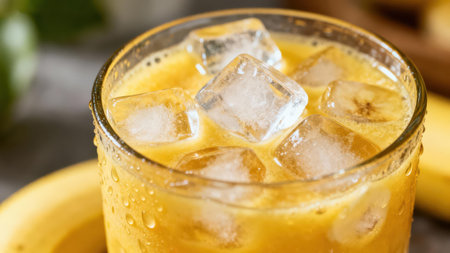 Detailed  view of a glass of refreshing yellow juice drink, filled with ice cubes, highlighting the...