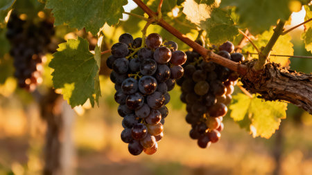 View of several bunches of dark purple grapes hanging from their vines, with vibrant green leaves and a warm golden-toned background, suggesting a beautiful vineyard scene.の写真素材