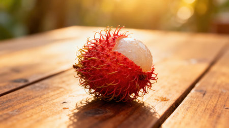 View of a rambutan, half-opened, showcasing its reddish-pink fuzzy skin and the inner juicy white flesh, sits on a weathered wooden surface, illuminated by natural sunlight.の写真素材