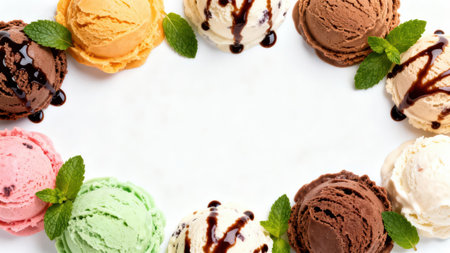 Collection of different ice cream flavors, presented as scoops, arranged in a circle around a white...
