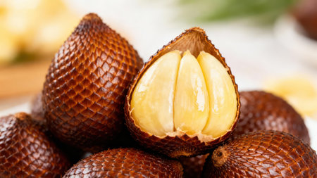 Cluster of salak fruit, with one fruit sliced open to reveal its vibrant yellow interior, highlights the unique characteristics of this tropical delicacy.の写真素材