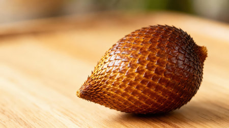 Single salak fruit, with a distinctive scaled, brown exterior, sits on a light-brown wooden surface. The focus is on the texture of the fruit's skin, capturing the details of its scaly pattern.の写真素材