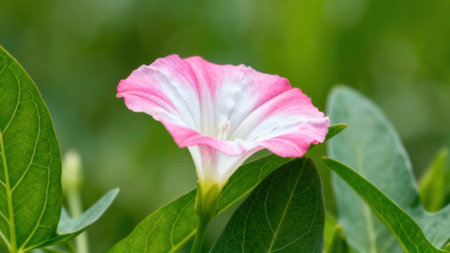 Detailed  image of a pink and white flower, showcasing its delicate petals and the surrounding green foliage.の写真素材