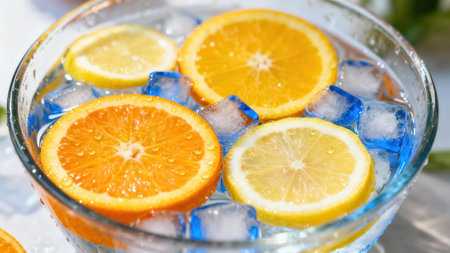Glass bowl filled with water, ice cubes, and sliced orange and lemon. The citrus slices are vibrant and fresh, surrounded by cool, clear water and glistening ice.の写真素材