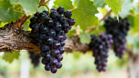 Bunch of ripe, dark purple grapes are hanging from a vine. The background is out of focus,...
