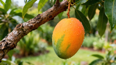 Mango with water droplets hangs from a tree branch in a garden setting.  The focus is on the fruit and its beautiful colors and textures.の写真素材