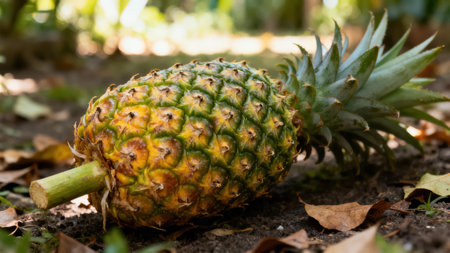 Ripe pineapple is situated on a bed of soil and leaves, displaying its unique color patterns and textures.の写真素材