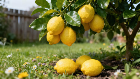 Lemon tree laden with ripe, yellow lemons hangs over a bed of lush green grass.  A few lemons have fallen to the ground, adding a warm sunny ambiance to the scene.の写真素材