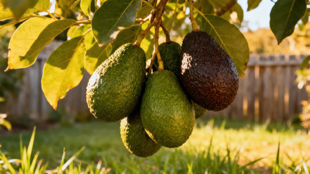 Cluster of avocados on a tree branch, prominently featured against a blurred backdrop of a backyard garden.の写真素材