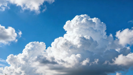 Wide-open view of a vibrant blue sky with voluminous, bright white clouds provides a picturesque...
