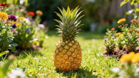 Single, golden-hued pineapple rests on a bed of green grass, surrounded by a lush array of colorful flowers.の写真素材