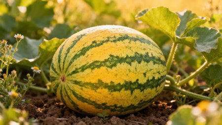 Striped yellow and green melon sits in the center of the image, surrounded by vibrant green foliage and small white flowers. The melon is resting on the ground, and the soil is a rich brown color.の写真素材