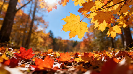 Ground-level  view of a forest floor covered in a multitude of autumn leaves, ranging from vibrant gold to fiery crimson, with the sunlight filtering through the trees.の写真素材