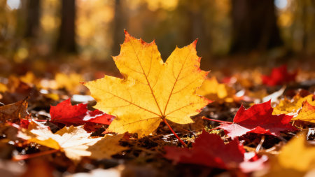 View of a striking yellow maple leaf on the forest floor, surrounded by fallen red and yellow leaves. Sunlight highlights the leaf's intricate veins.の写真素材