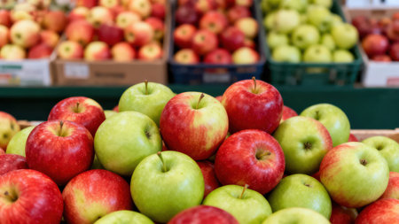 Image showcases a large pile of fresh red and green apples, neatly arranged in a market setting. The vibrant colors and focused composition highlight the quality of the produce.の写真素材