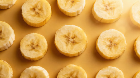 Top-down view displays perfectly round banana slices, arranged in a grid pattern against a pale yellow background. The slices are evenly spaced, creating a visually balanced composition.の写真素材