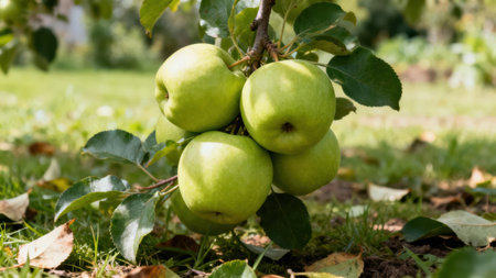 View of a group of fresh green apples hanging from a tree branch,  with the background displaying a garden setting of greenery, and sunlit leaves.の写真素材