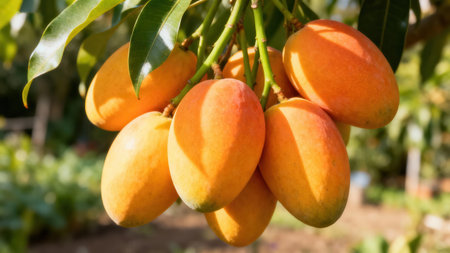 Cluster of mangoes, naturally illuminated by sunlight, is seen hanging from a branch of a tree.  The...