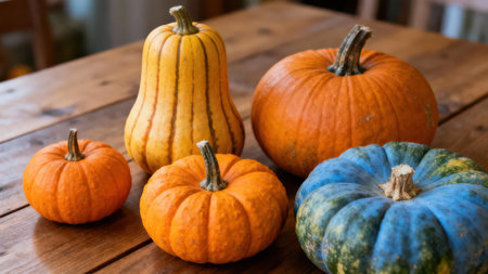 Several different types of pumpkins and gourds, in varying colors and sizes, are arranged on a wooden table. The image displays a display of seasonal produce in a warm, inviting autumnal setting.の写真素材