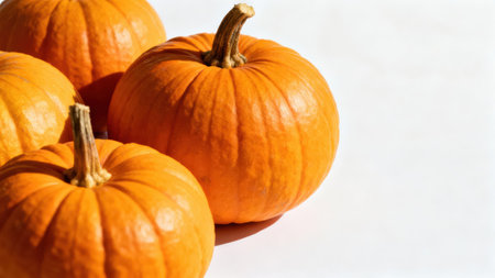 Four pumpkins of varying sizes and shapes are showcased against a pure white backdrop. The pumpkins feature a rich, warm orange hue, with noticeable textures and details in their skins.の写真素材