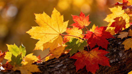 View of autumn leaves in various shades of red, yellow, and green, resting on a rough-textured tree branch.  The image captures the beauty of the season.の写真素材