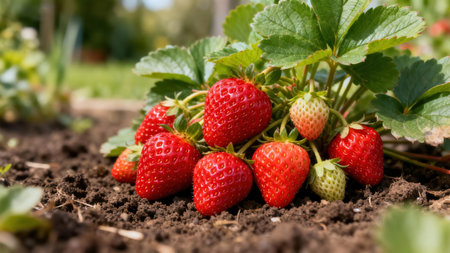 Cluster of ripe, vibrantly red strawberries sits atop dark brown garden soil, surrounded by lush green leaves from the strawberry plant.の写真素材
