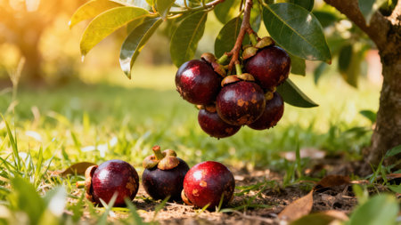 Cluster of plump, dark purple mangosteens hangs from a branch, while others lie on the ground beneath the tree, surrounded by vibrant green grass and bathed in sunlight.の写真素材