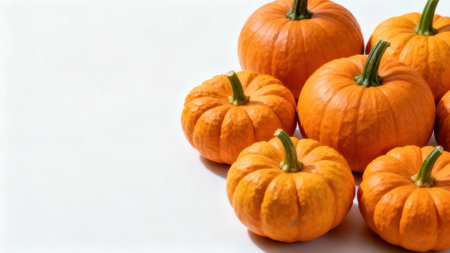 Collection of small, richly colored pumpkins is presented against a clean white backdrop,...